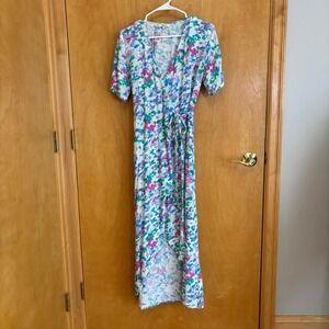 Boii XS Floral Maxi‎ Wrap Dress Short Sleeve V Neck Casual Bohemian